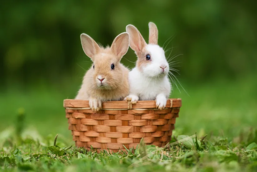 Two little rabbits sitting in a basket during summer, illustrating care in a rabbit boarding service